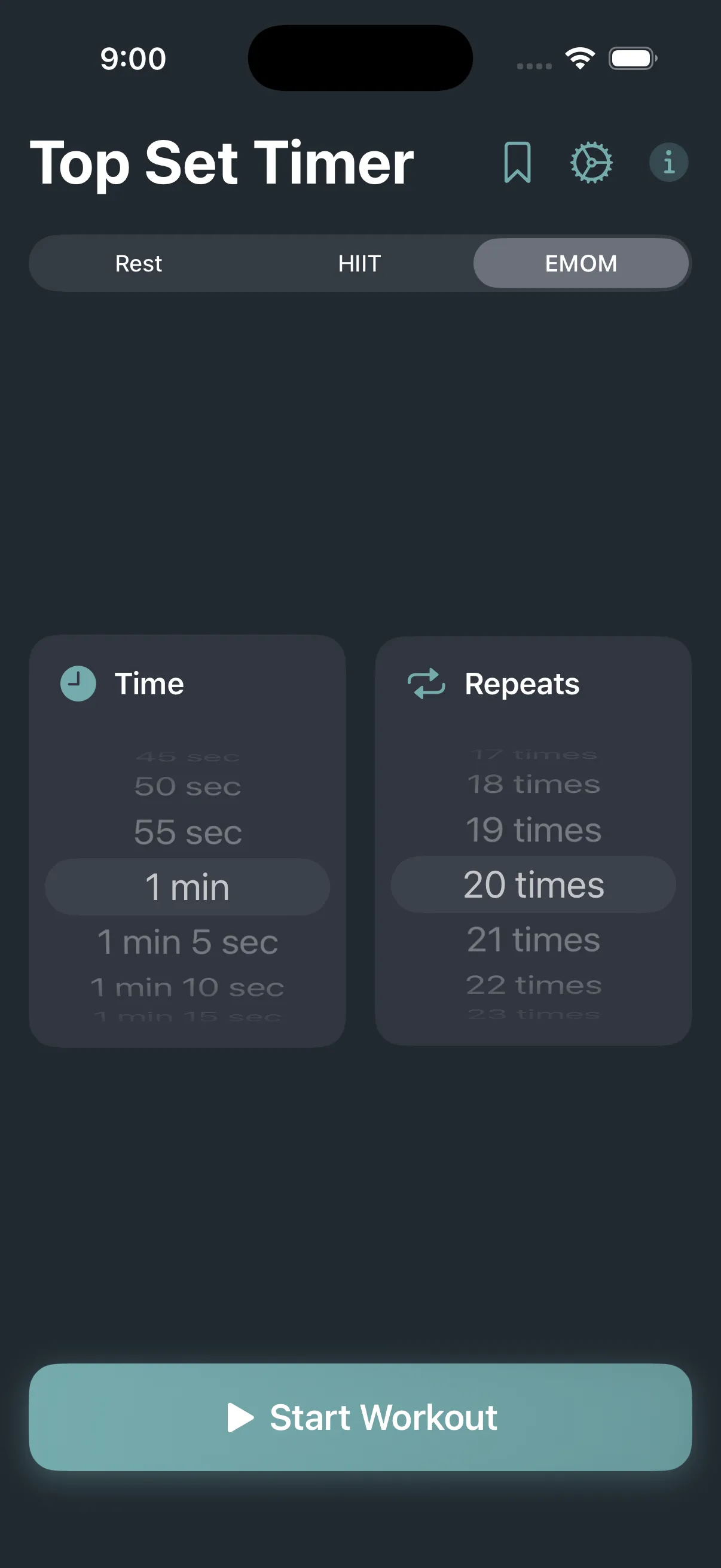 EMOM workout setup screen
