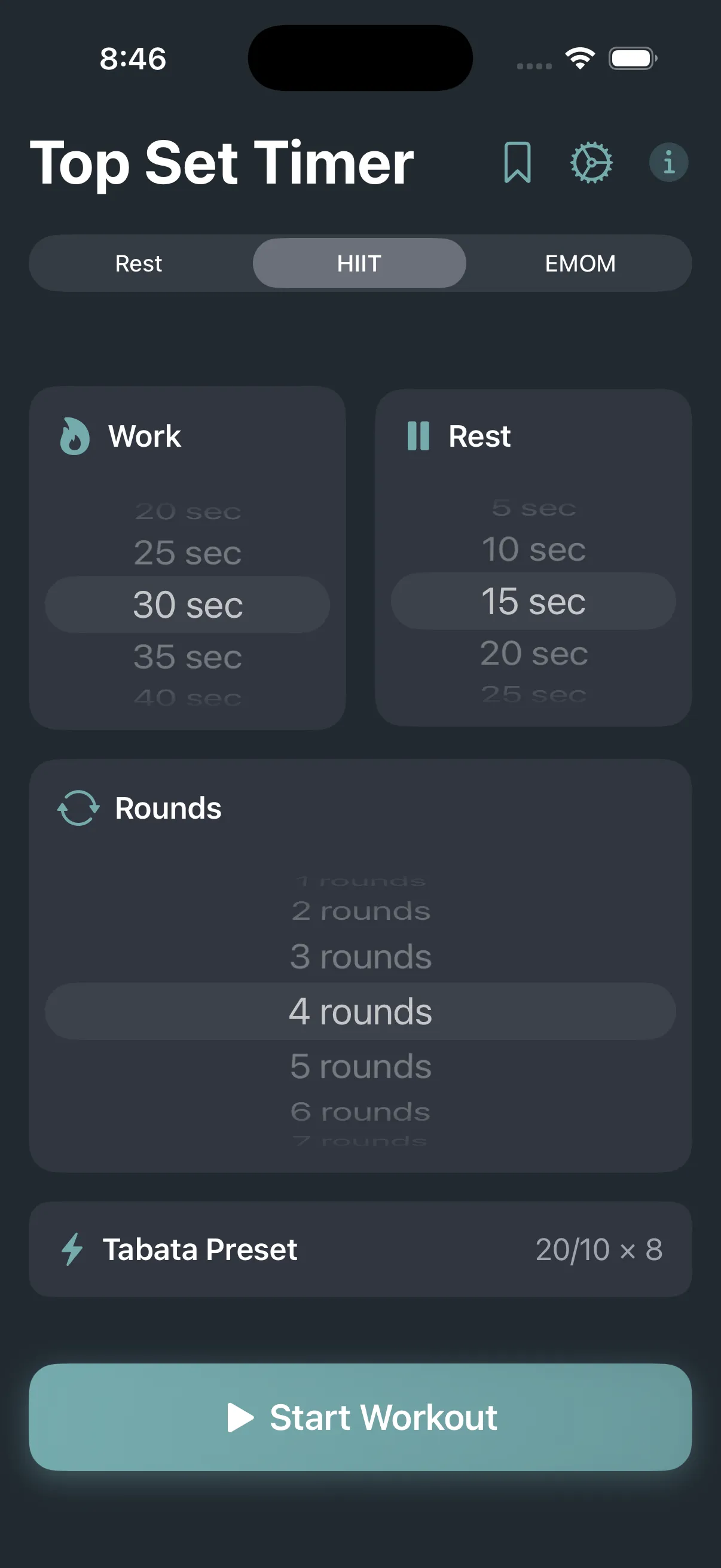 HIIT workout setup with Tabata preset