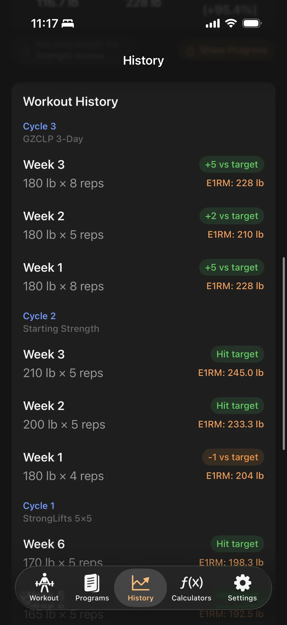 Multi-program workout history across three cycles