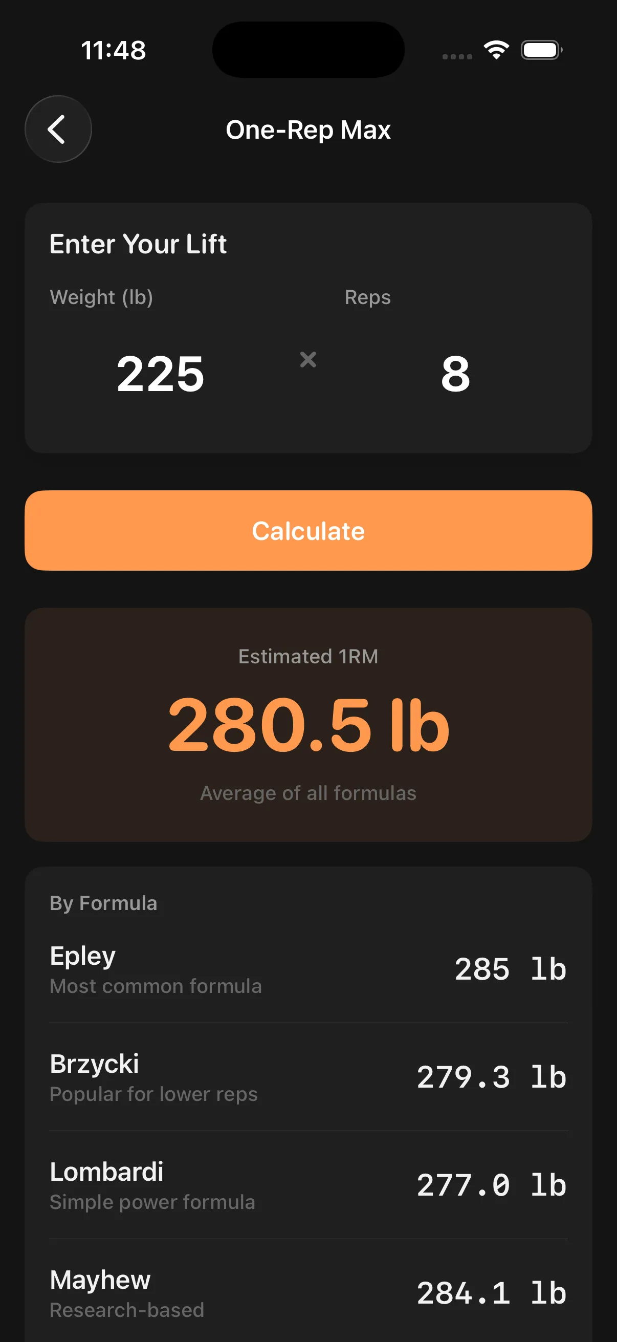 One-rep max calculator with formula-by-formula breakdown