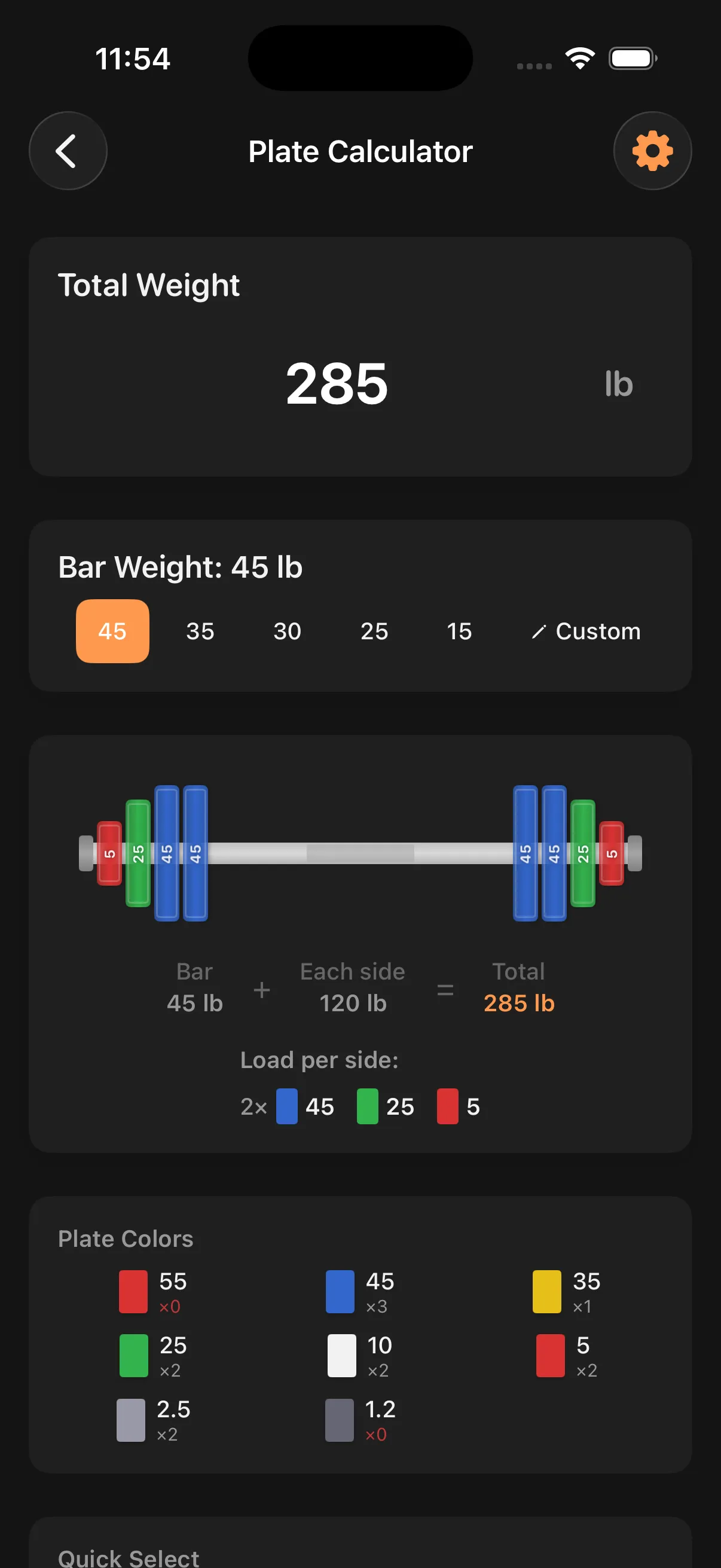 Plate calculator with visual barbell and color-coded plates