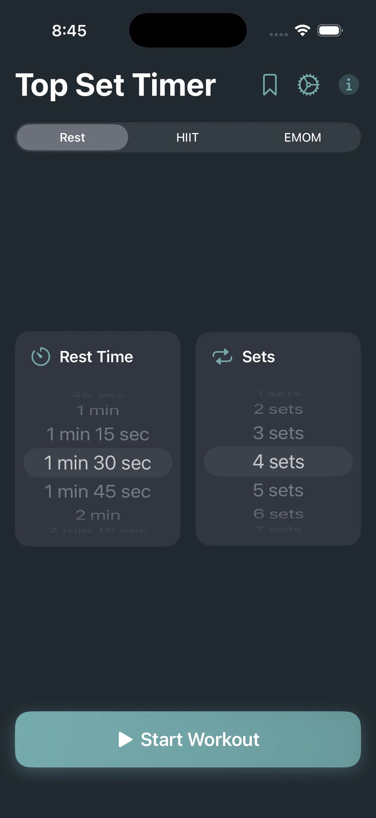 Rest timer setup screen