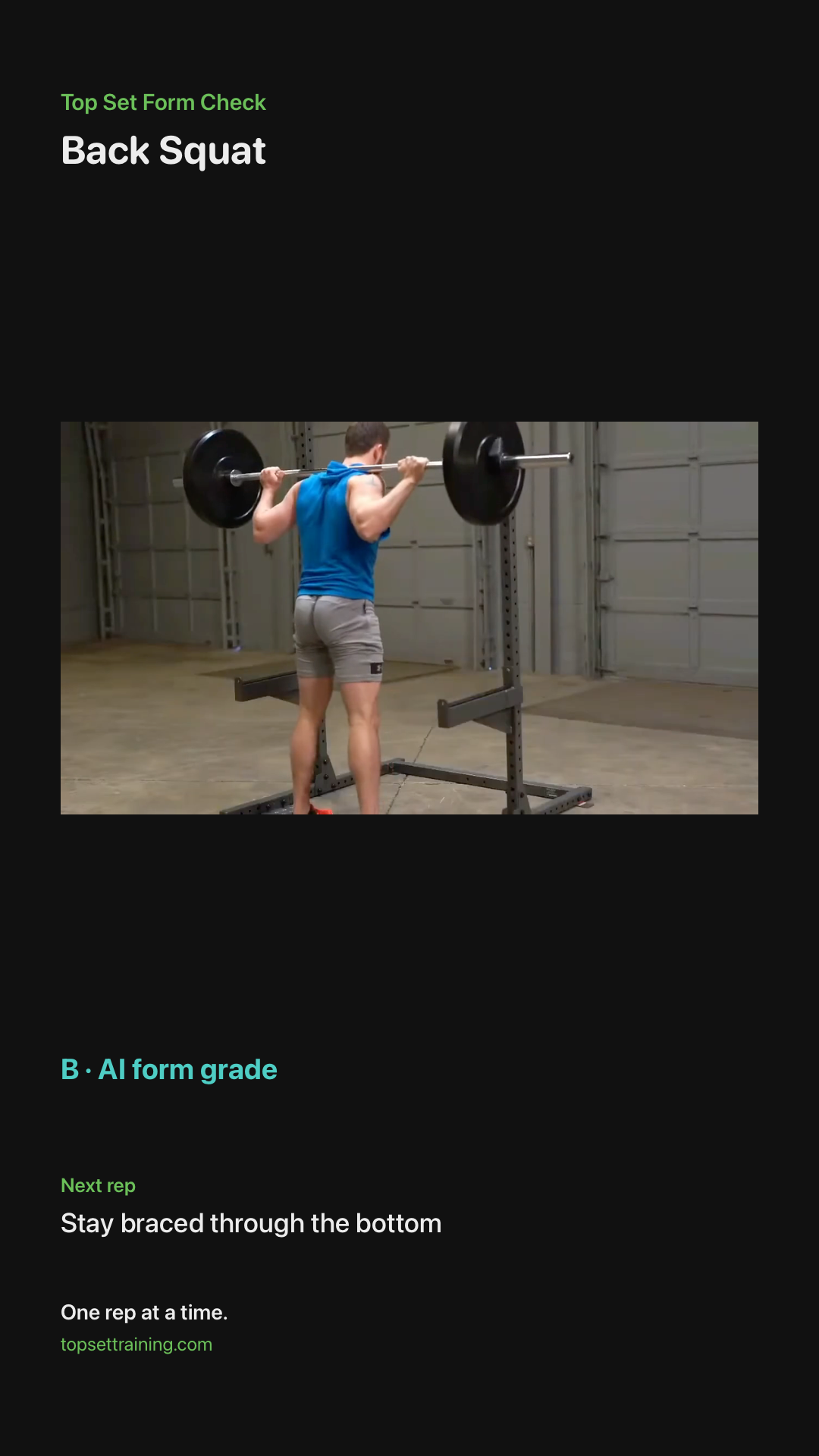 Example Top Set share card with a full-body squat frame and one coaching cue
